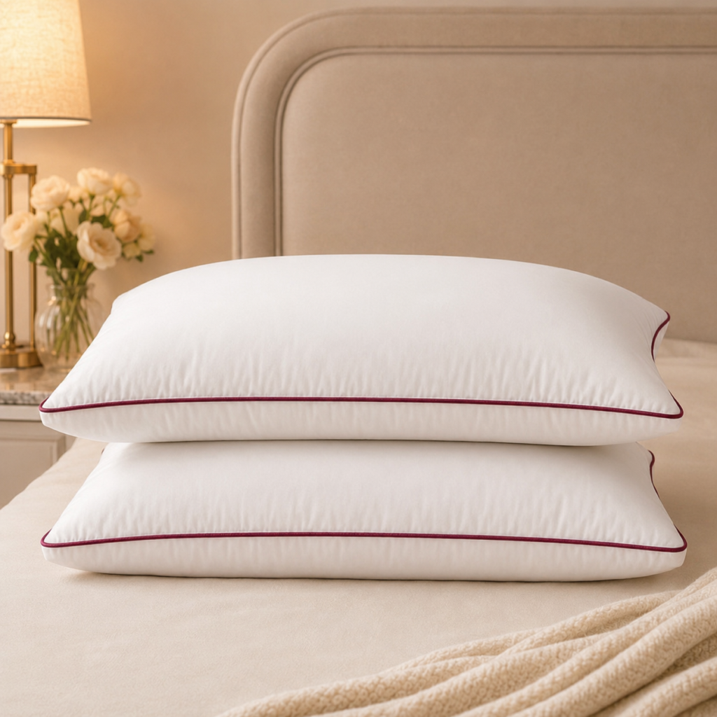 Two white piping pillows with wine-red contrast edging