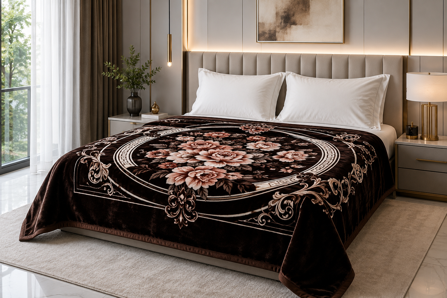 Premium brown floral mink blanket displayed on a modern double bed