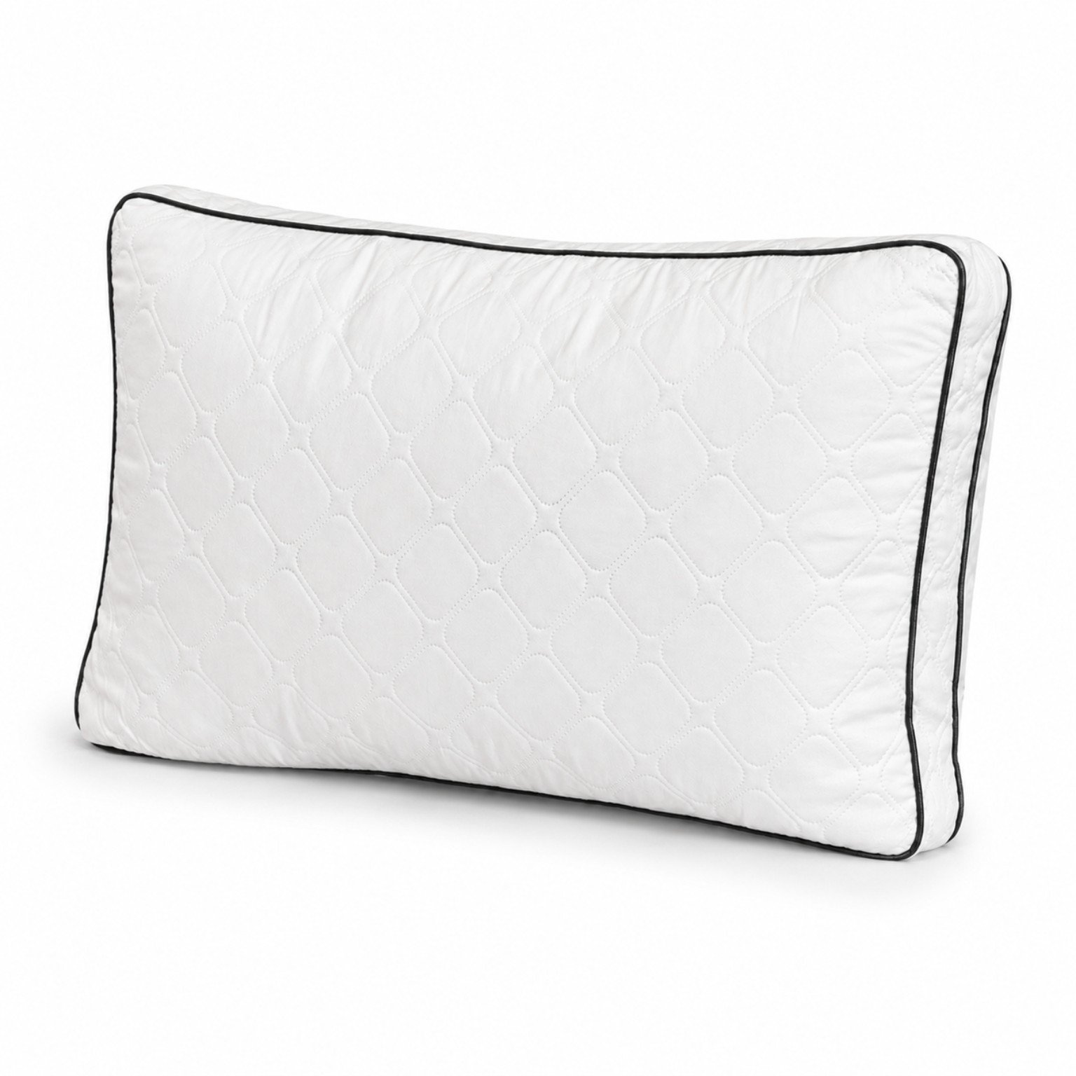 Single white quilted pillow with black piping side view
