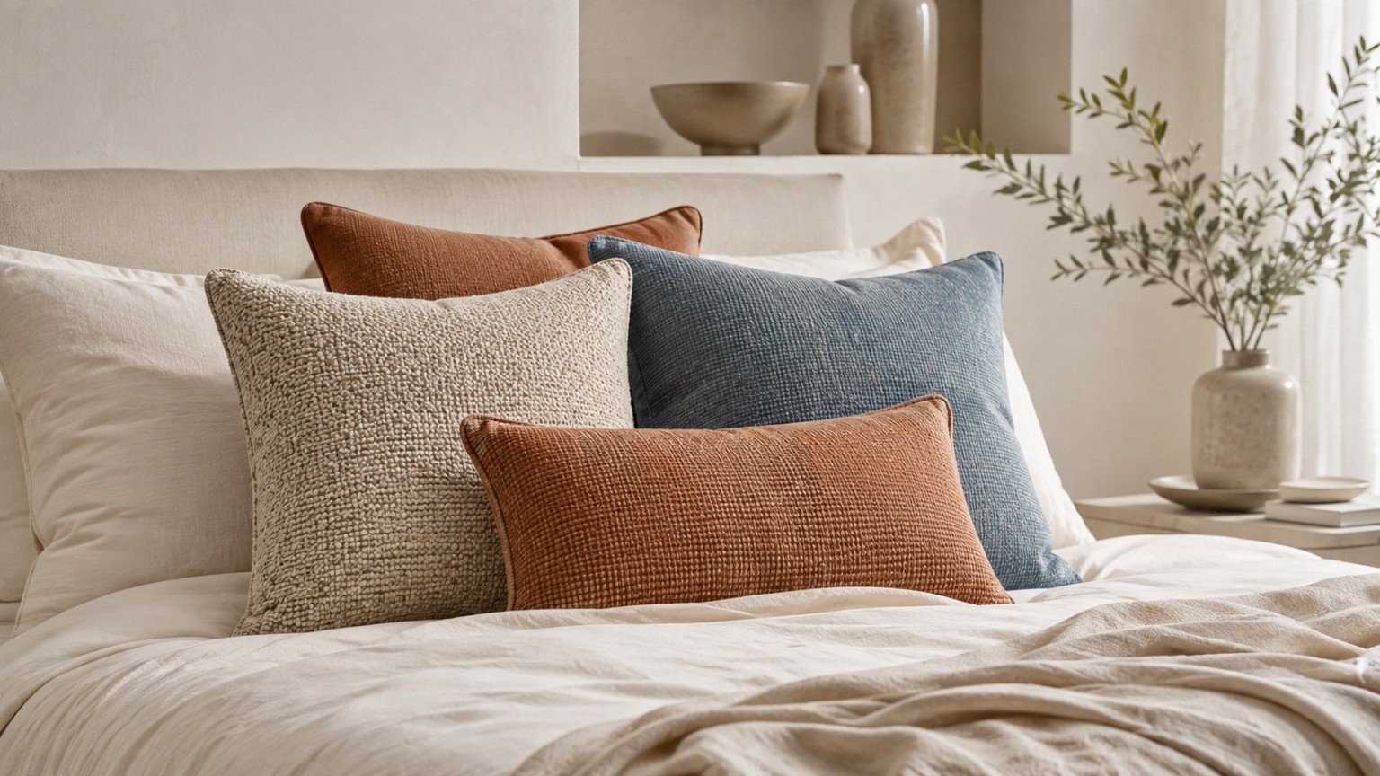 Luxury textured cushions in a neutral bedroom