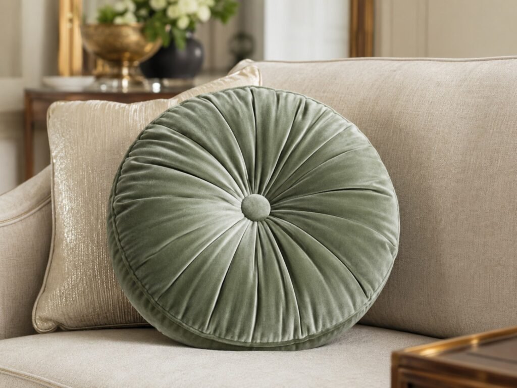 Premium sage green pleated velvet round cushion with centre button