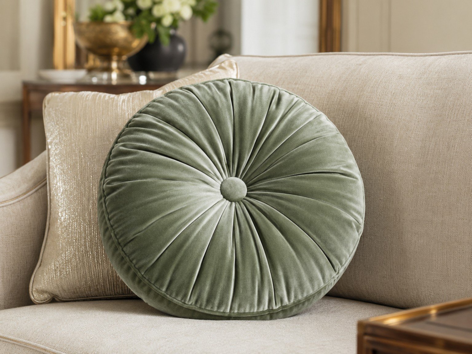 Premium sage green pleated velvet round cushion with centre button
