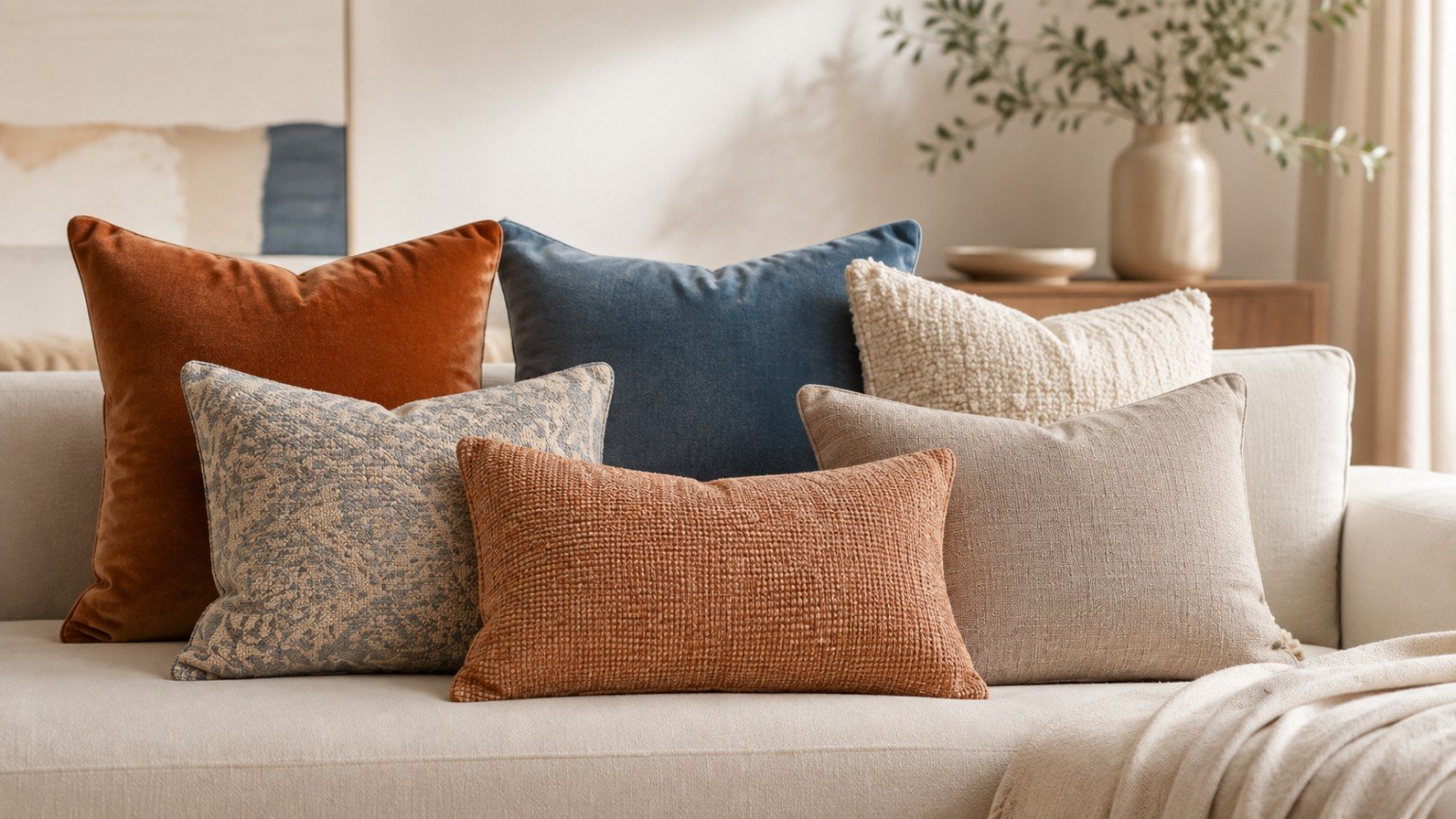 Premium colourful cushion collection on a modern sofa