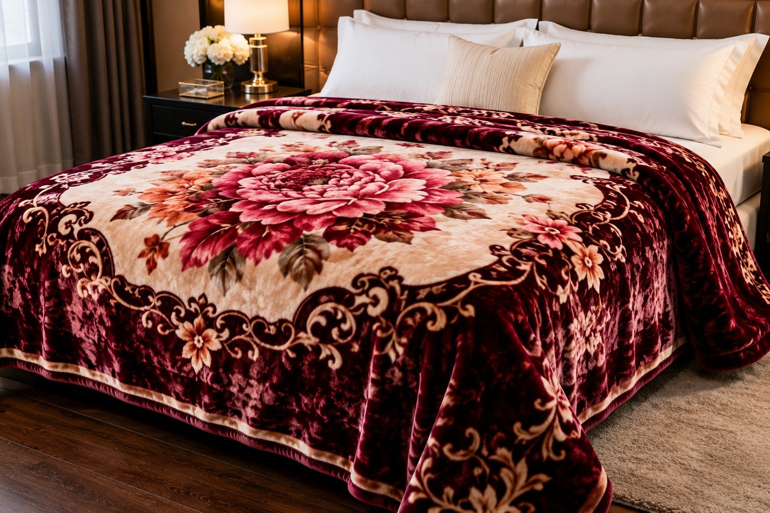 Maroon floral mink blanket styled in a luxury bedroom