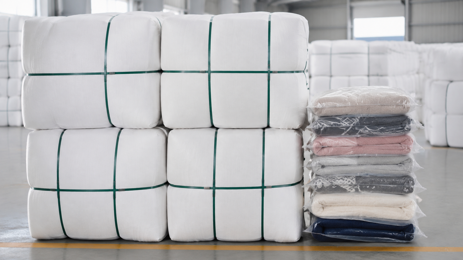 Compressed export bales and individually vacuum packed blankets