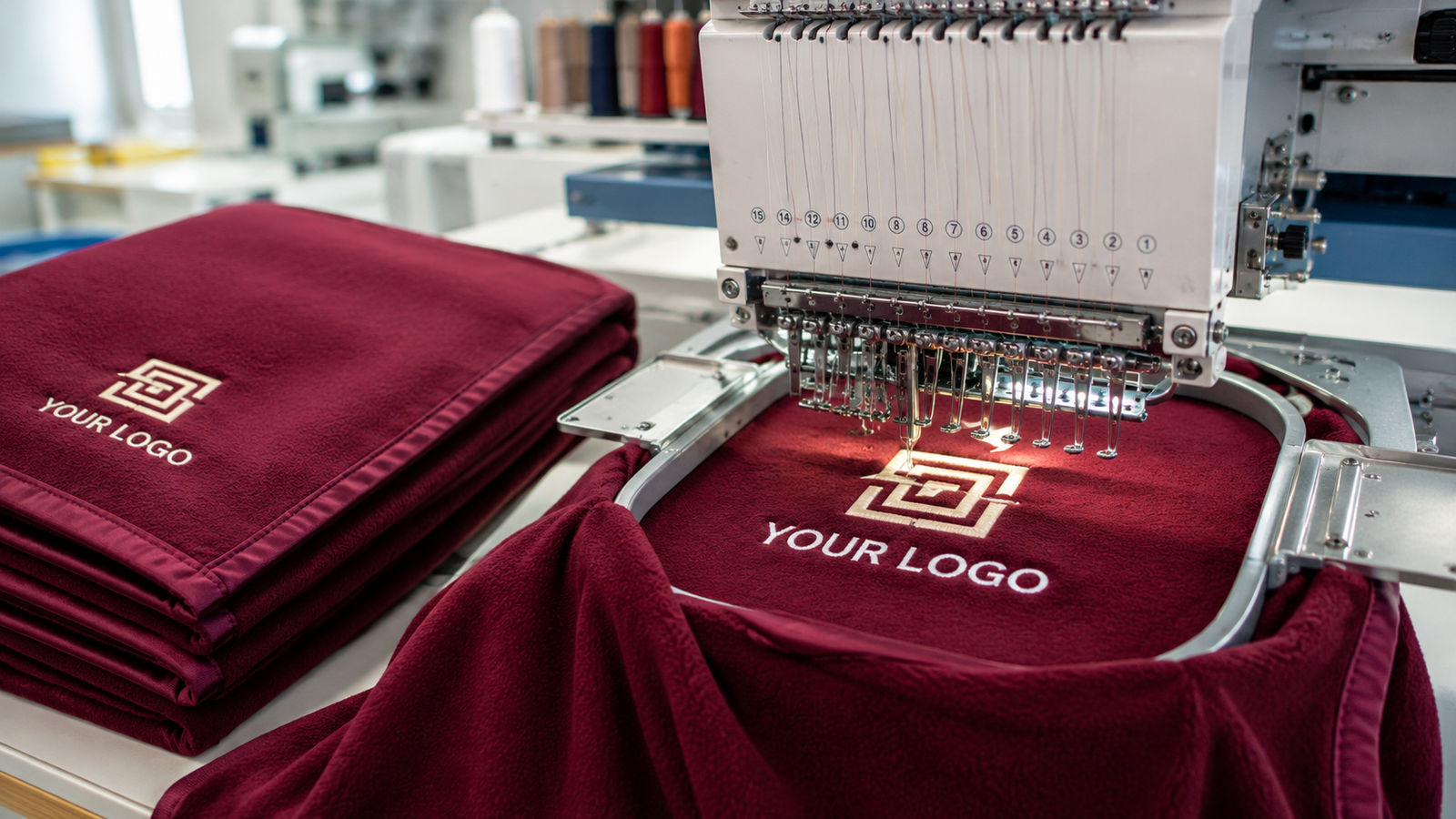 Computer embroidery machine creating a custom logo on a blanket