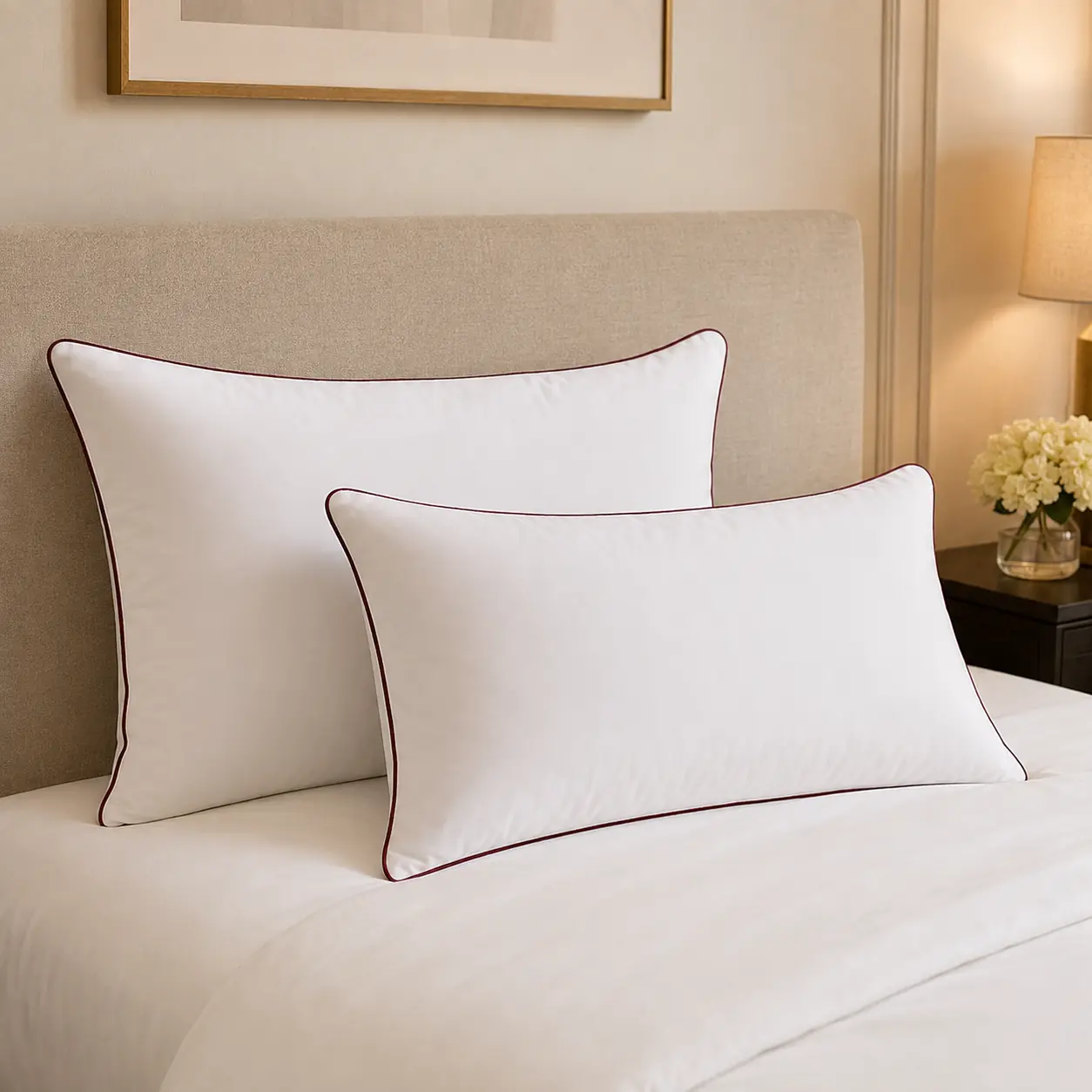 White pillows with wine-red piping styled on a bed