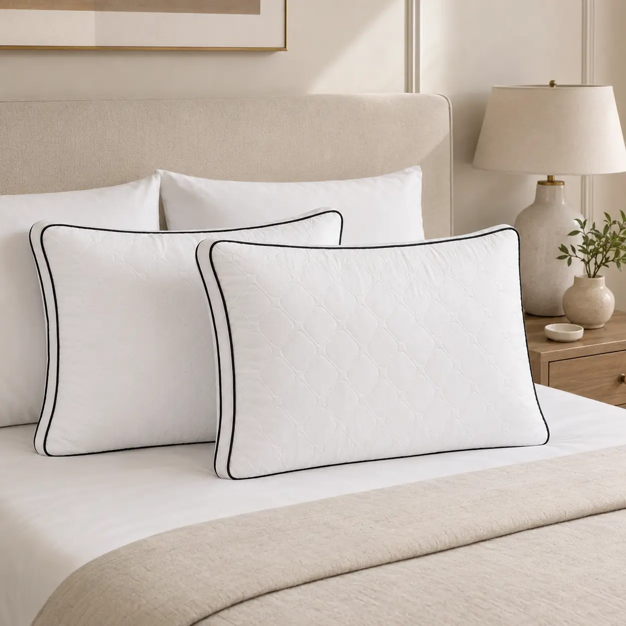 White quilted pillows with black piping styled on a bed