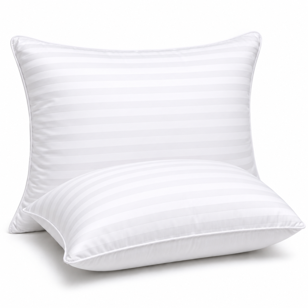 White satin stripe pillows on white background